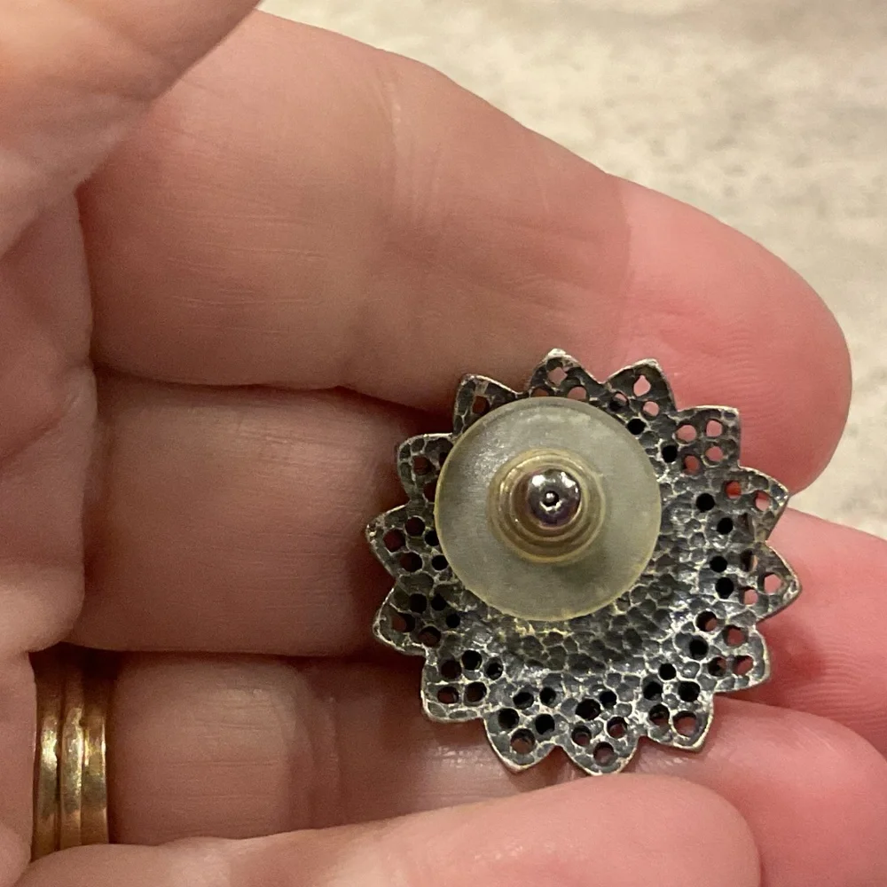 Vintage Pierced Earrings Marcasite Blue Stone Filigree floral 1” diameter